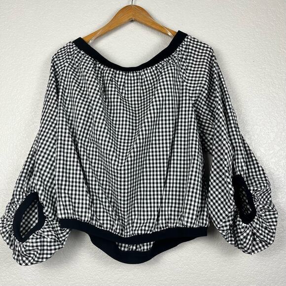 7 For All Mankind Blouse Womens XL Black Gingham Check Off The Shoulder Boho NWT - Picture 1 of 6